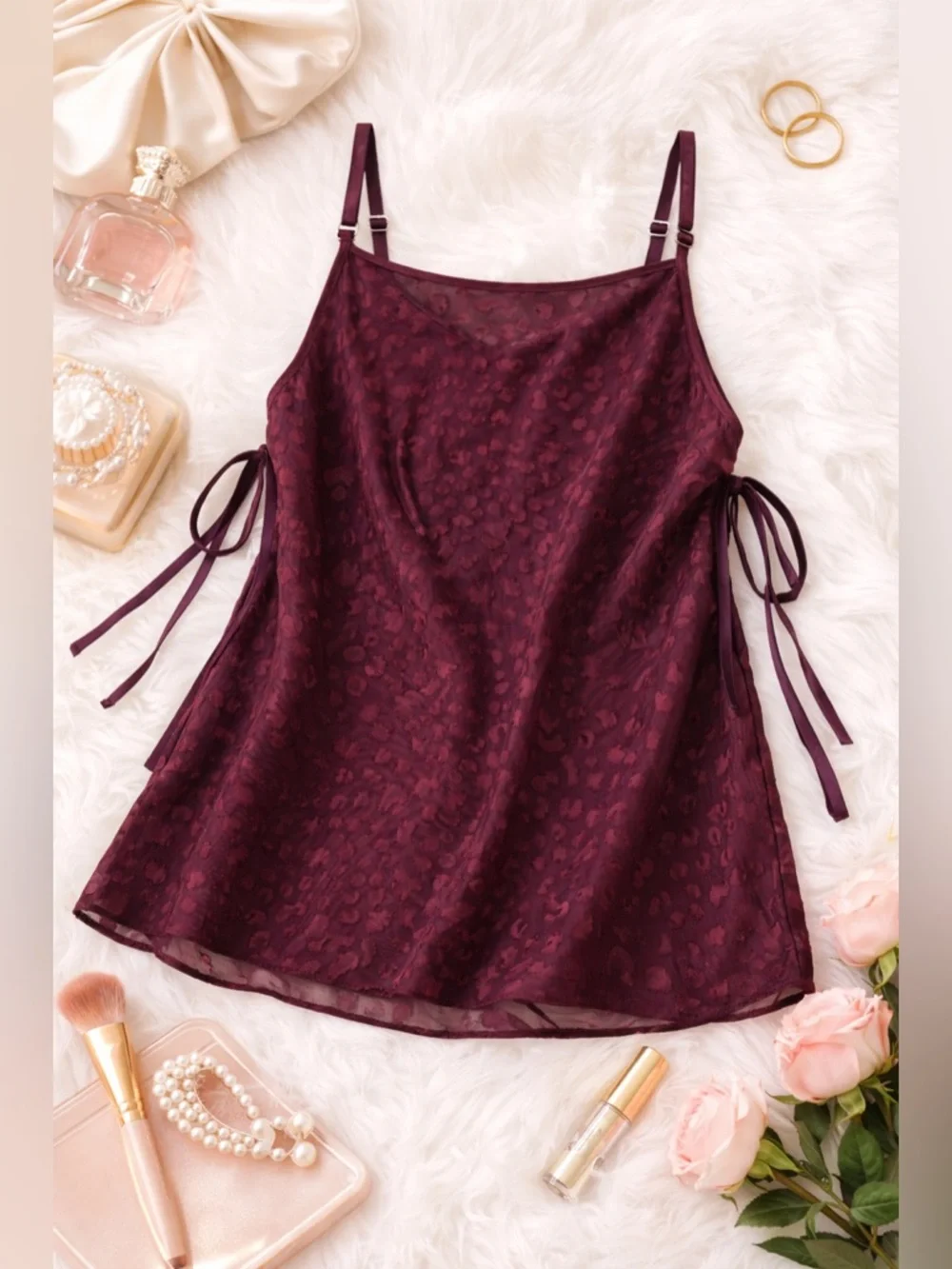 Gillian & O’Malley Burgundy Sheer Leopard Print Cami Size Small